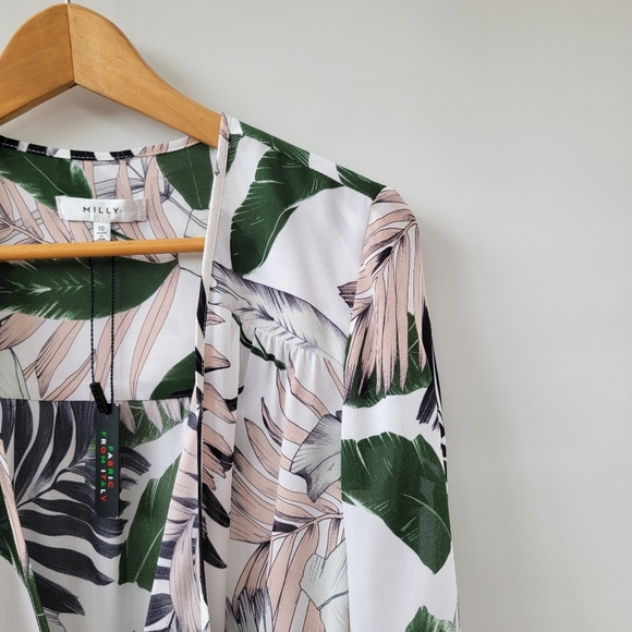 Milly Kia Silk Blouse Size 10 Green White Pink 100% Wrap Peplum Floral Top - Picture 4 of 16